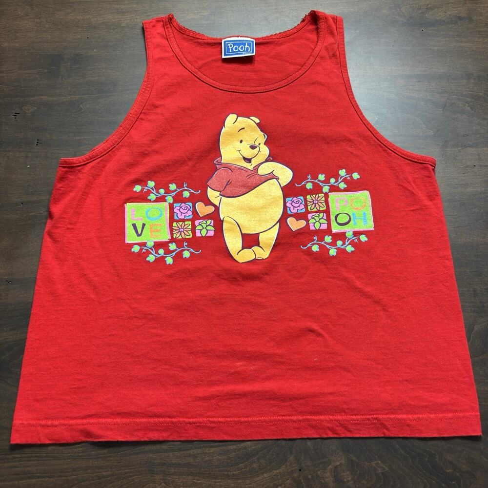 Vtg Winnie The Pooh Tank Top Womens Size XL 90s Disney Cotton Red LOVE POOH USA